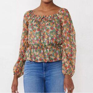 LC Lauren Conrad Cottagecore Boho Floral Smocked Squareneck Peplum Top Size M